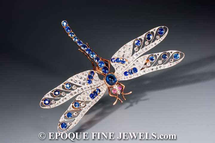 A magnificent antique sapphire, ruby and diamond dragonfly brooch 'en tremblant'